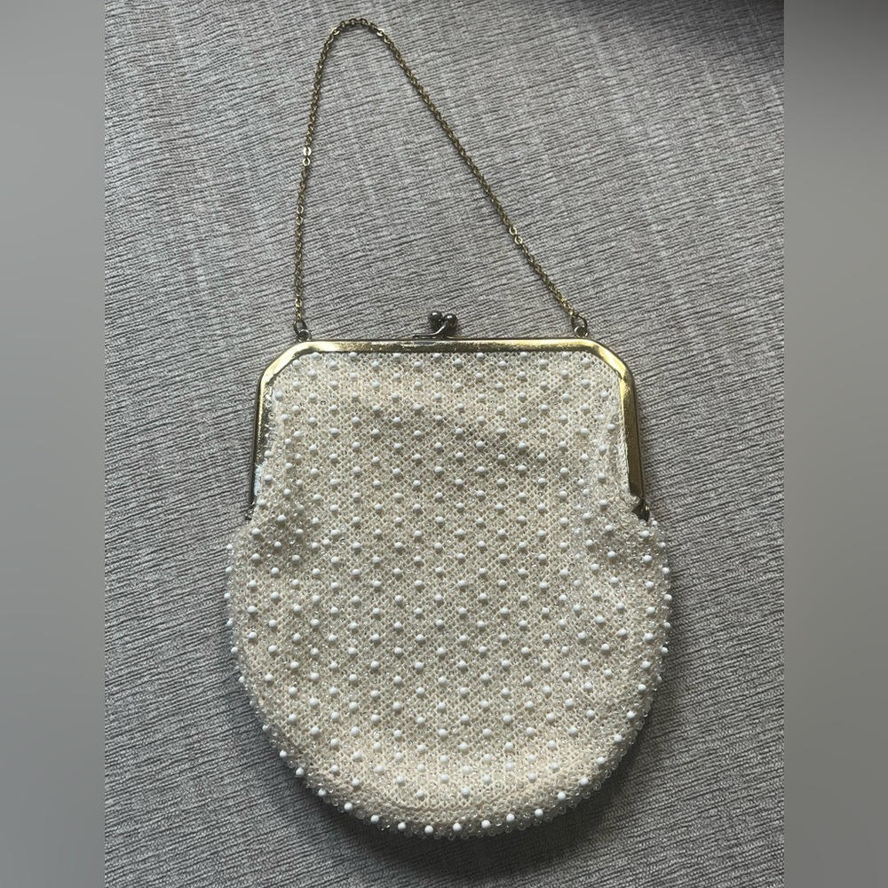 Vintage 1950's Lumured Corde Ivory Cream White Beaded Handbag.